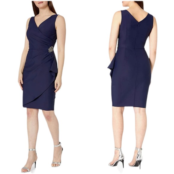 Alex Evenings Dress Womens 2 Blue Side Draped Rhinestone Brooch Wrap NEW - Picture 2 of 10